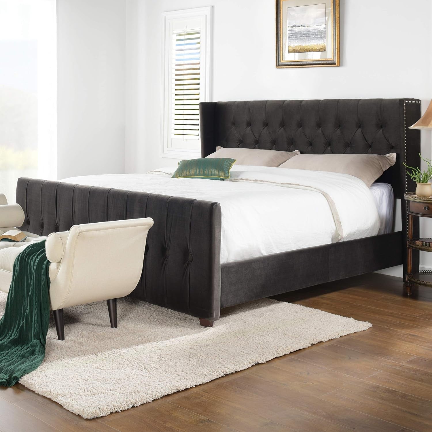 David Collection Modern Upholstered King Size Size Bed Frame, Hand Tufted and Nailhead Trim, Dark Charcoal Grey