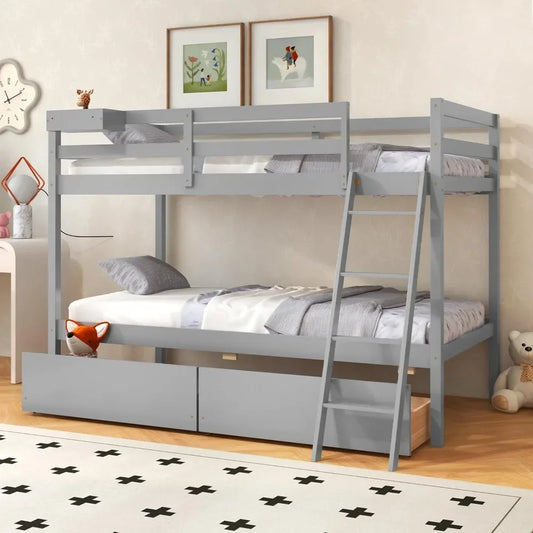 Bunk Bed Twin Over Twin with 2 Storage Drawers, Ladder, No Box Spring Needed, Twin Bunk Beds for Kids Teens (Grey)