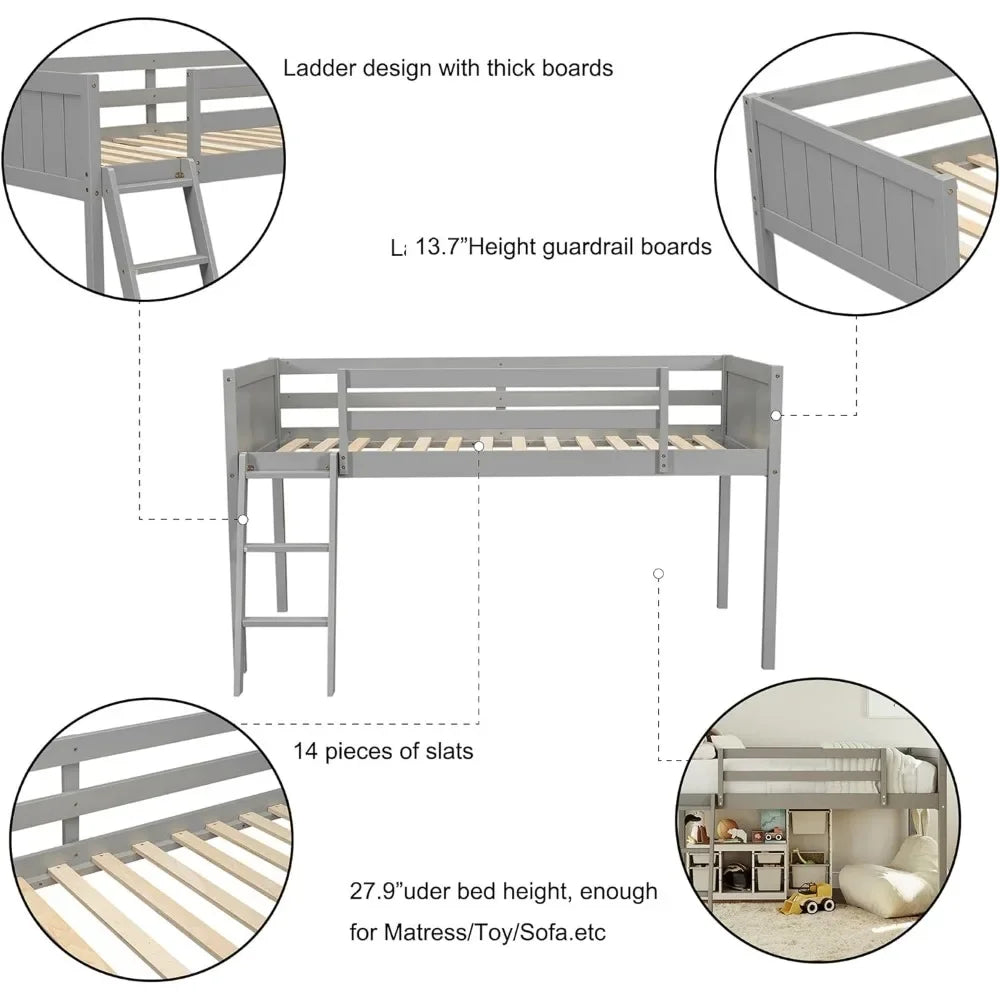 Wood Low Loft Bed with Ladder,Wooden Low Loft Bed with Guardrail for Kids or Teens,Space Saving,No Box Spring Needed,Twin Size