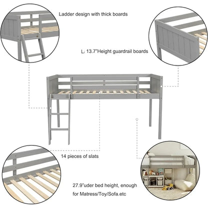 Wood Low Loft Bed with Ladder,Wooden Low Loft Bed with Guardrail for Kids or Teens,Space Saving,No Box Spring Needed,Twin Size