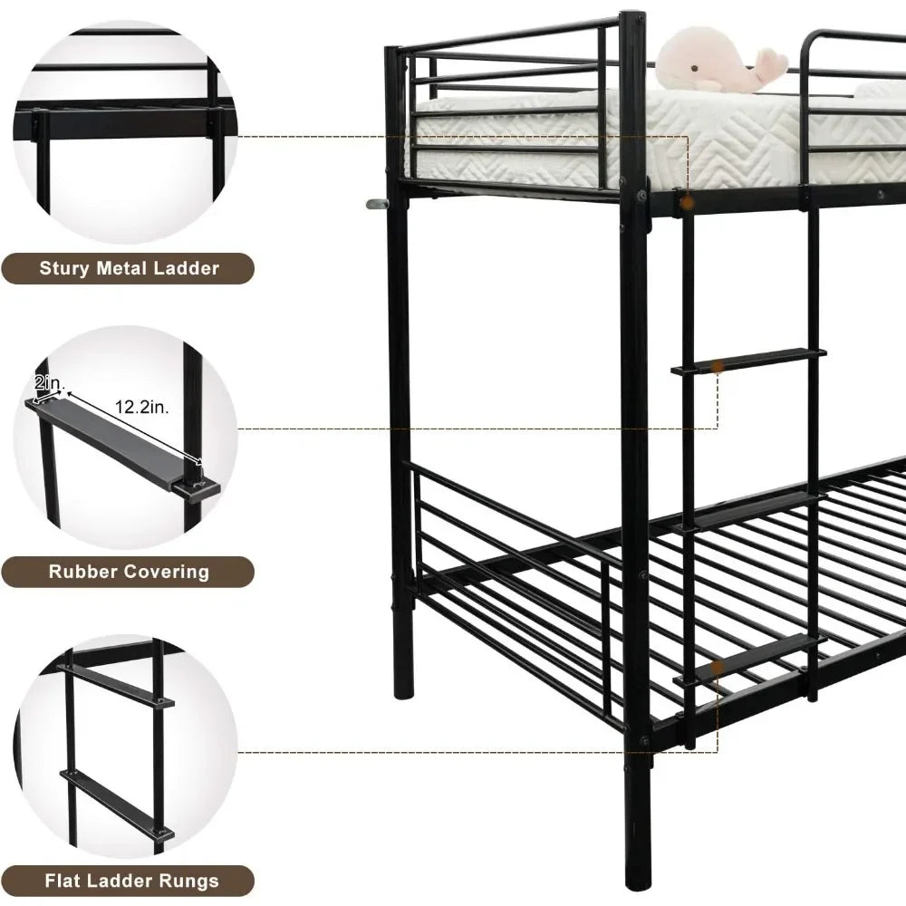 Bunk Bed Twin Over Twin, Twin Bunk Beds for kids/Teens/Adults, Flat Ladder and High Guardrail, Metal Bunk Bed with Stairs, Black