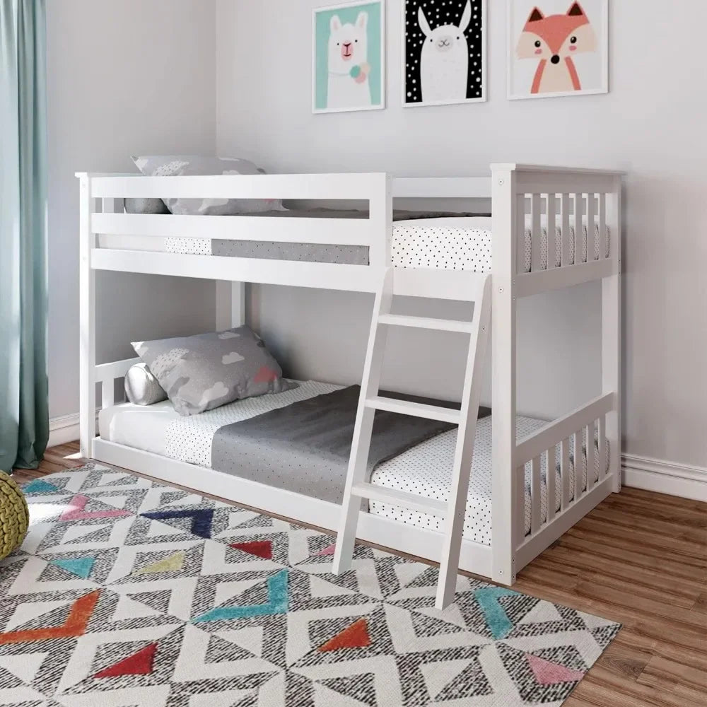 Twin Over Twin Low Bunk Bed with Ladder, Wooden Bunk beds with 14” Safety Guardrail for Kids,Toddlers, Boys, Girls, Teens, White