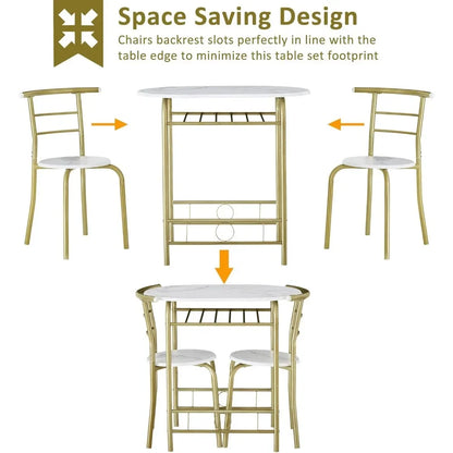 3 Piece Small Round Dining Table Set for Kitchen Breakfast Nook, Wood Grain Tabletop with Wine Storage Rack, Save Space, 31.5"