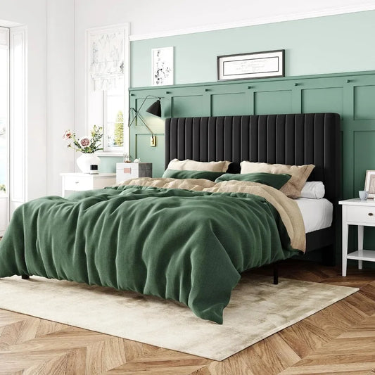 Velvet padded platform bed with adjustable vertical channel, tufted headboard, sturdy wooden mattress bas78.5"L x 56.1"W x 47"H