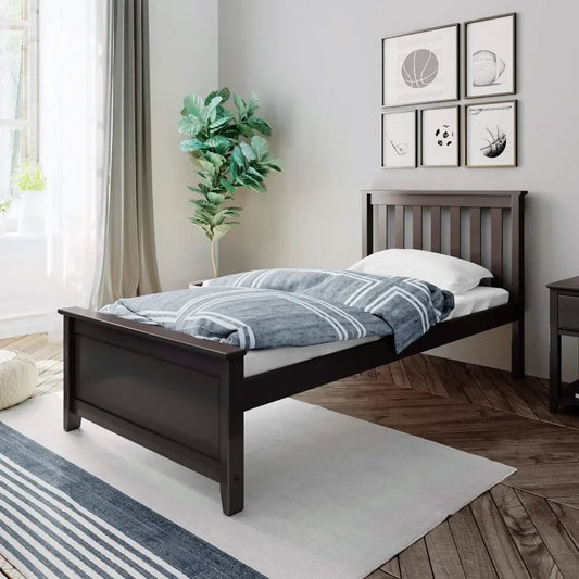 Twin Bed Frame with Slatted Headboard, Solid Wood Platform Bed for Kids, No Box Spring Needed, Easy Assembly, Espresso