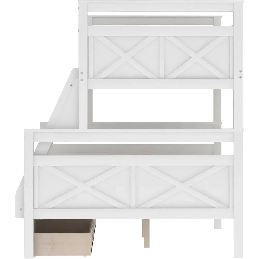 Twin Over Full Bunk Bed with 2 Storage Drawers,Solid Wood Bunk Bed w/Ladder and Safety Guardrail for Bedroom Kids Adults,White