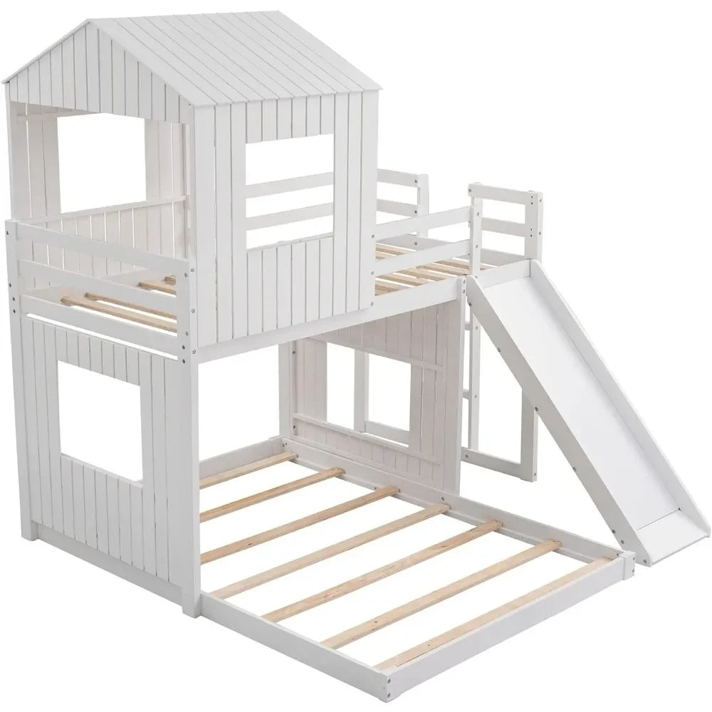 House Bunk Beds with Slide,Wood with Roof and Guard Rail for Kids,Toddlers,No Box Spring Needed (White,Twin Loft Bed with Slide)