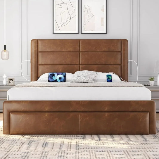 Queen Size Bed Frame with USB Charging Station/Port Storage Drawers,Leather Upholstered Platform Bed with Headboard86Lx63Wx41.5H