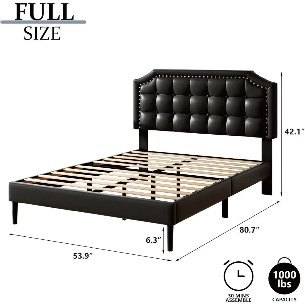 Bed frame with soft cushion, sturdy wooden board, no need for spring box, button tufting, and rivet decoration headboard