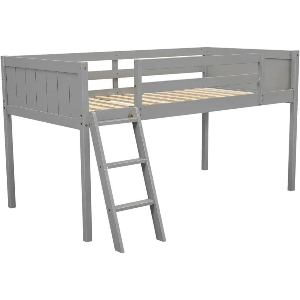 Wood Low Loft Bed with Ladder,Wooden Low Loft Bed with Guardrail for Kids or Teens,Space Saving,No Box Spring Needed,Twin Size