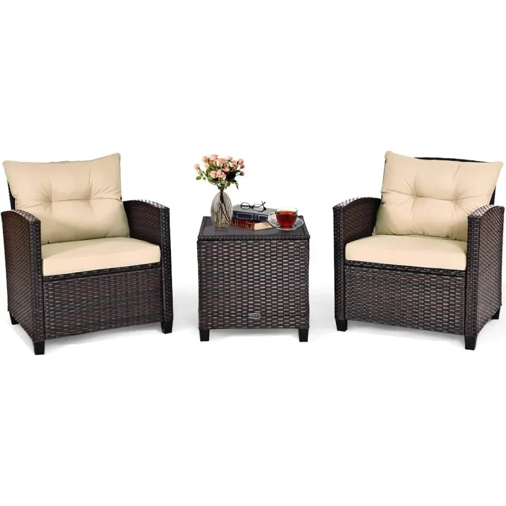 Wicker Outdoor Sofa Set w/Washable Cushion and Tempered Glass Tabletop,  Furniture for Garden Poolside Balcony，Garden Sofas