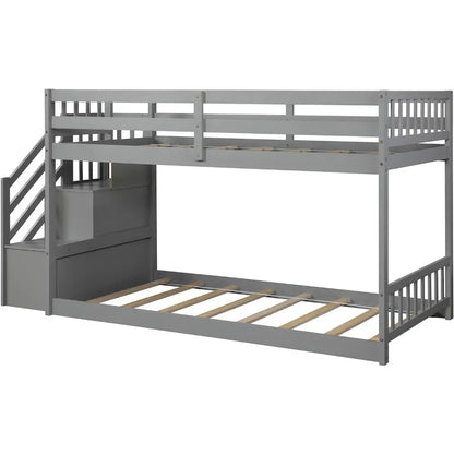 Bunk Bed with Storage Staircase, Twin Size Bunk Bed for Kids, Teens, No Box Spring Needed (Gray) furniture bedroom  kids bed