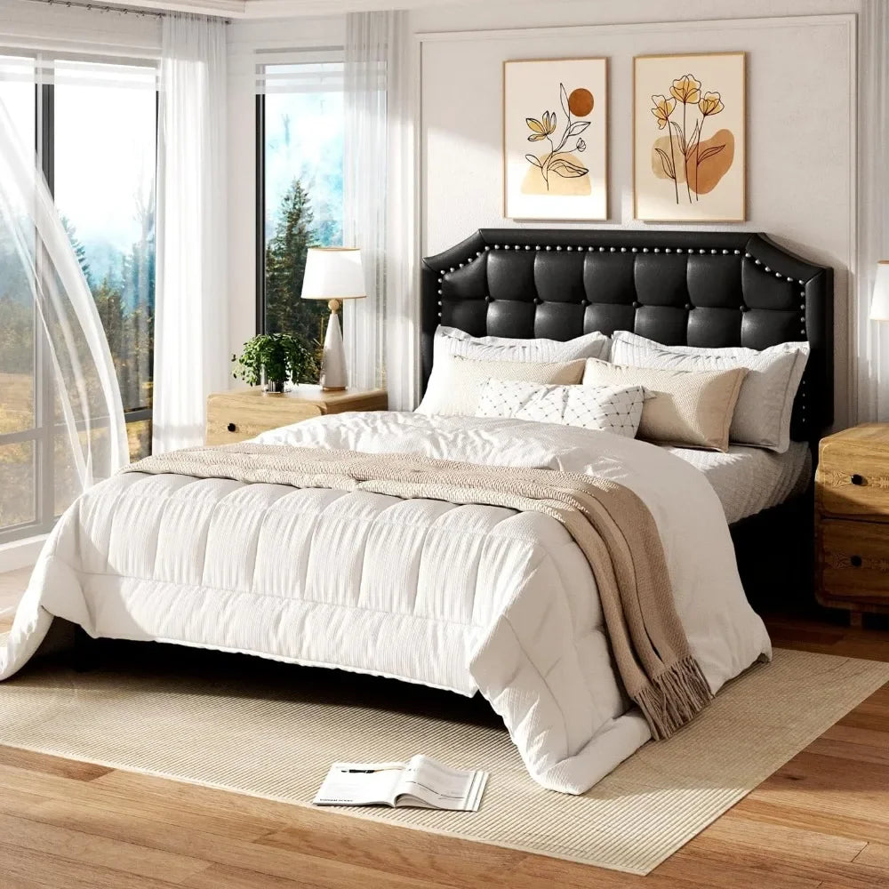 Bed frame with soft cushion, sturdy wooden board, no need for spring box, button tufting, and rivet decoration headboard