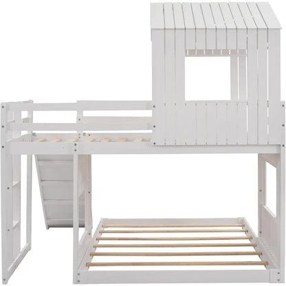 House Bunk Beds with Slide,Wood with Roof and Guard Rail for Kids,Toddlers,No Box Spring Needed (White,Twin Loft Bed with Slide)