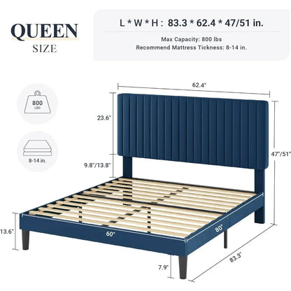 Velvet Upholstered Platform Bed with Adjustable Vertical Channel Tufted Headboard,Mattress Foundation with Strong Wooden Slats