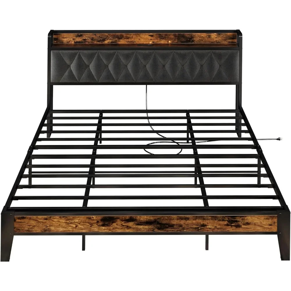 Bed Frames, Storage Headboard with Outlets, Easy to Install, Sturdy and Stable, No Noise,No Box Springs Needed86.6Lx40.7W x40.6H