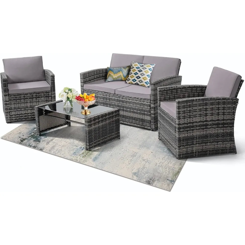 4 Pieces Patio Conversation Set, Outside Rattan Sectional Sofa, Cushioned Furniture Set, Wicker Sofa Ideal for Garden, Porch