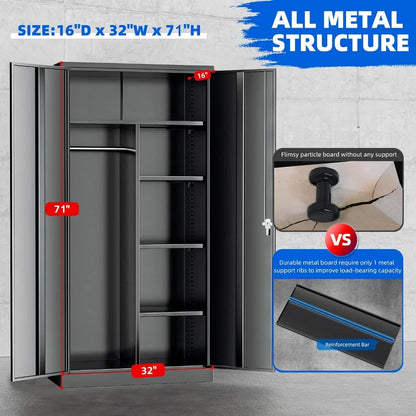 Superday Lockable Almirah for Clothes with Adjustable Shelves, 71”H Metal Storage Cabinets with Doors and Hanging Rod