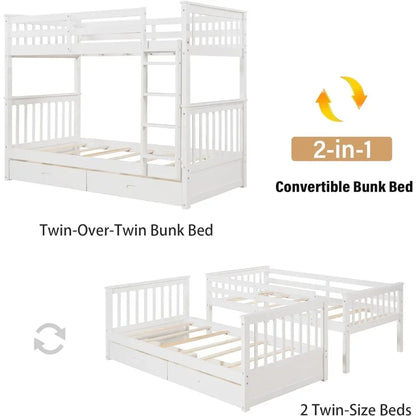 Wood Bunk Bed with Drawers,Convertible Wood Bunk Bed with Ladders and Two Storage Drawers,with Ladders,Twin Over Twin Size,White