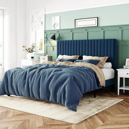 Velvet Upholstered Platform Bed with Adjustable Vertical Channel Tufted Headboard,Mattress Foundation with Strong Wooden Slats