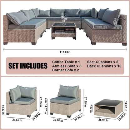 Patio Furniture Set with Water Resistant Beige Thick Cushions and Storage Table,9-Piece All-Weather Outdoor Conversation Set