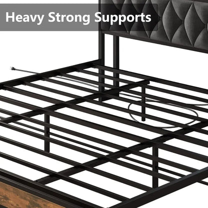 Bed Frames, Storage Headboard with Outlets, Easy to Install, Sturdy and Stable, No Noise,No Box Springs Needed86.6Lx40.7W x40.6H