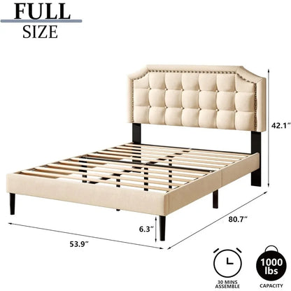 Bed frame with soft cushion, sturdy wooden board, no need for spring box, button tufting, and rivet decoration headboard