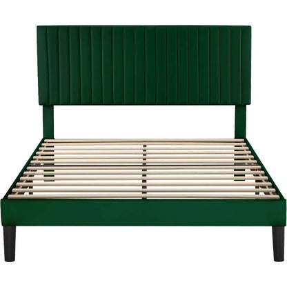 Velvet Upholstered Platform Bed with Adjustable Vertical Channel Tufted Headboard,Mattress Foundation with Strong Wooden Slats