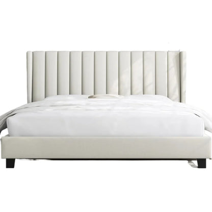 King Bed Frame Upholstered Platform Bed with Fabric Headboard, Wing Edge Design/Non-Slip and Noise-Free/Wooden Slats Support