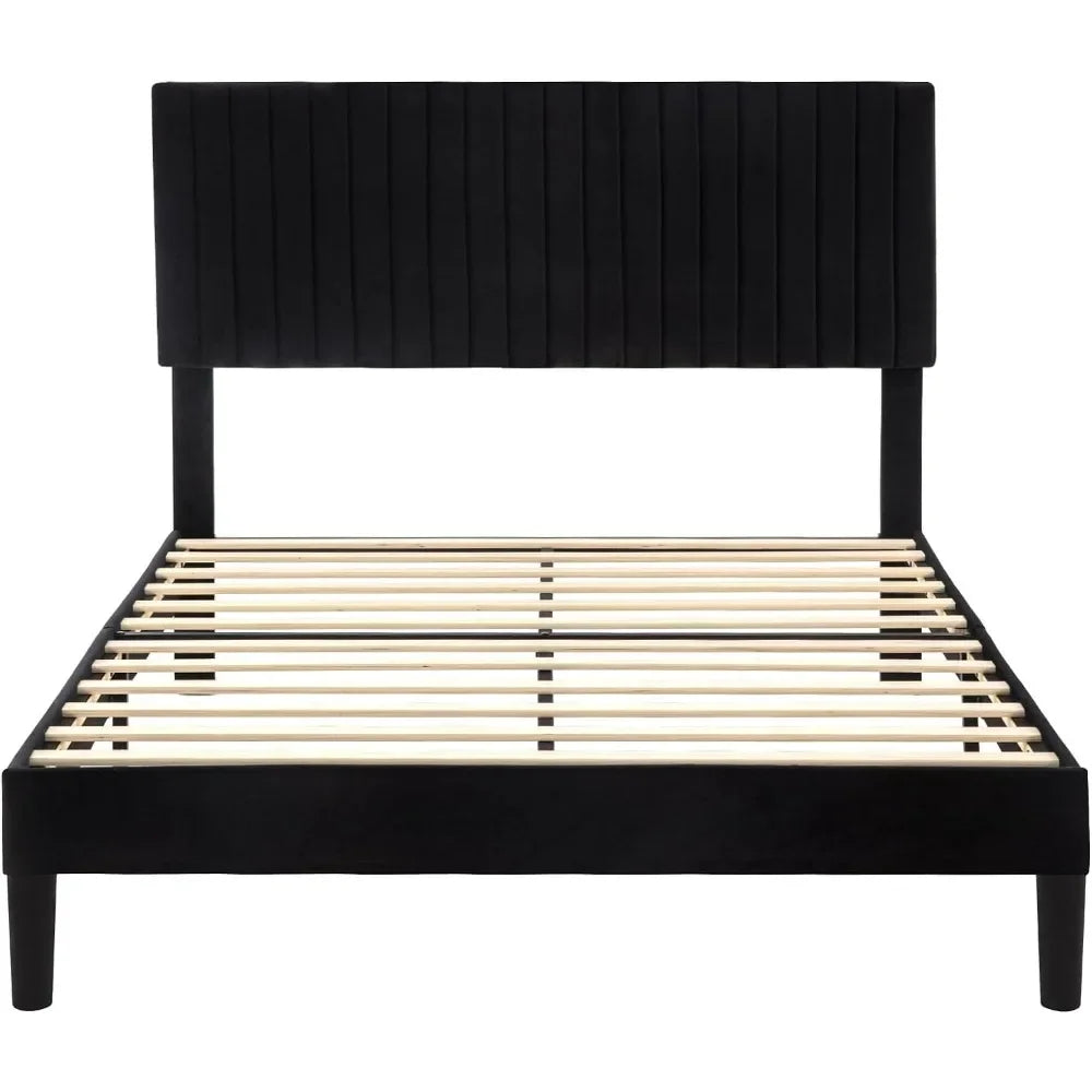 Velvet padded platform bed with adjustable vertical channel, tufted headboard, sturdy wooden mattress bas78.5"L x 56.1"W x 47"H