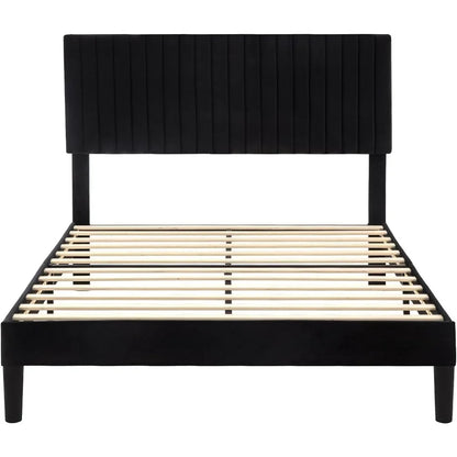 Velvet padded platform bed with adjustable vertical channel, tufted headboard, sturdy wooden mattress bas78.5"L x 56.1"W x 47"H