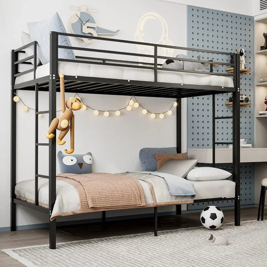 Metal Twin Over Twin Bunk Bed, Heavy Duty Twin Bunk Bed Frame with 2 Built-in Ladders, Safety Guard Rail, No Box Spring Needed