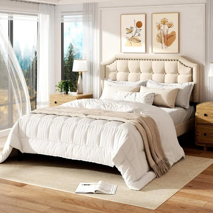 Bed frame with soft cushion, sturdy wooden board, no need for spring box, button tufting, and rivet decoration headboard