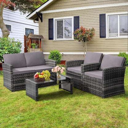 4 Pieces Patio Conversation Set, Outside Rattan Sectional Sofa, Cushioned Furniture Set, Wicker Sofa Ideal for Garden, Porch