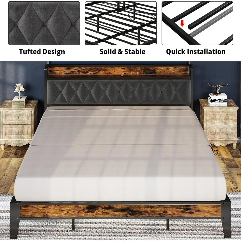 Bed Frames, Storage Headboard with Outlets, Easy to Install, Sturdy and Stable, No Noise,No Box Springs Needed86.6Lx40.7W x40.6H