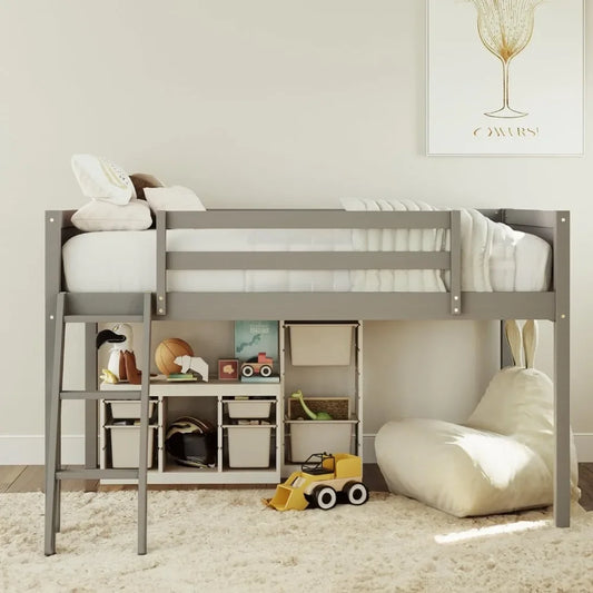 Wood Low Loft Bed with Ladder,Wooden Low Loft Bed with Guardrail for Kids or Teens,Space Saving,No Box Spring Needed,Twin Size