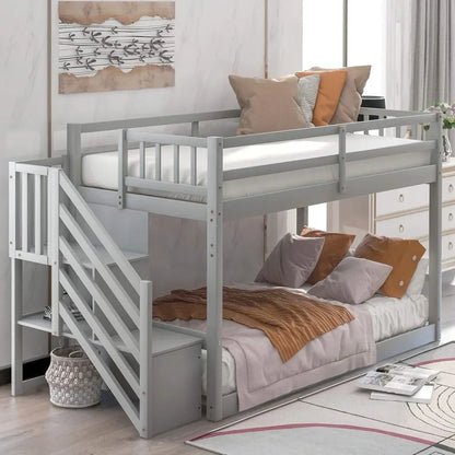 Bunk Bed with Storage Staircase, Twin Size Bunk Bed for Kids, Teens, No Box Spring Needed (Gray) furniture bedroom  kids bed