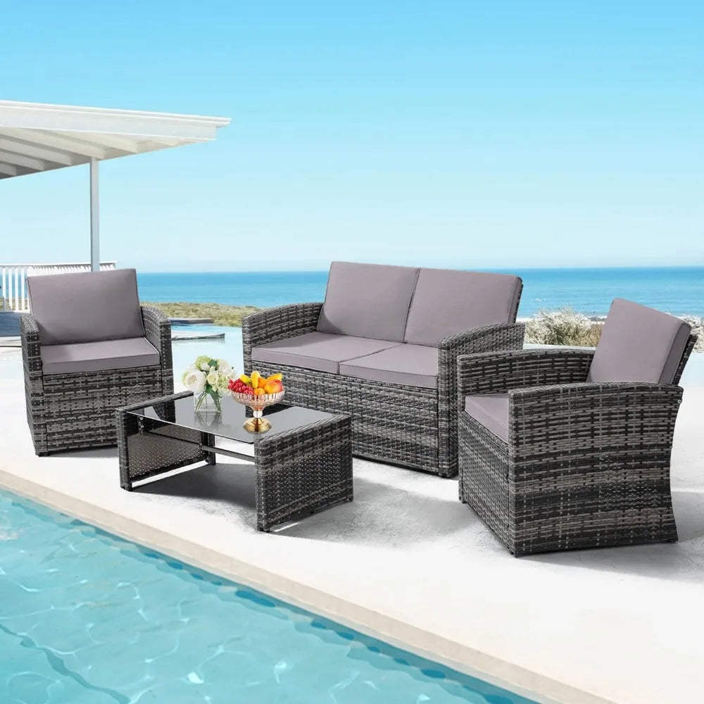 4 Pieces Patio Conversation Set, Outside Rattan Sectional Sofa, Cushioned Furniture Set, Wicker Sofa Ideal for Garden, Porch