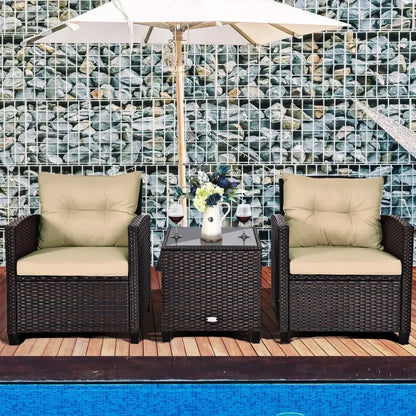 Wicker Outdoor Sofa Set w/Washable Cushion and Tempered Glass Tabletop,  Furniture for Garden Poolside Balcony，Garden Sofas