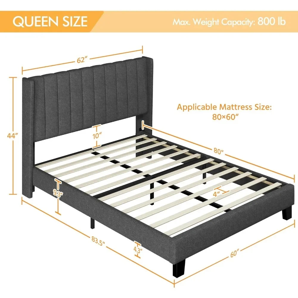 King size bed frame soft cushion platform bed wing edge design/anti slip and noise free/wooden board supportwith fabricheadboard