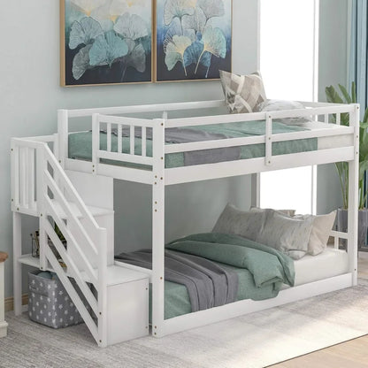 Bunk Bed with Storage Staircase, Twin Size Bunk Bed for Kids, Teens, No Box Spring Needed (Gray) furniture bedroom  kids bed