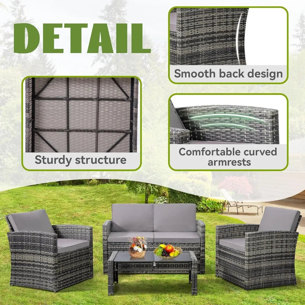 4 Pieces Patio Conversation Set, Outside Rattan Sectional Sofa, Cushioned Furniture Set, Wicker Sofa Ideal for Garden, Porch