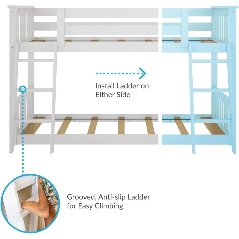 Twin Over Twin Low Bunk Bed with Ladder, Wooden Bunk beds with 14” Safety Guardrail for Kids,Toddlers, Boys, Girls, Teens, White