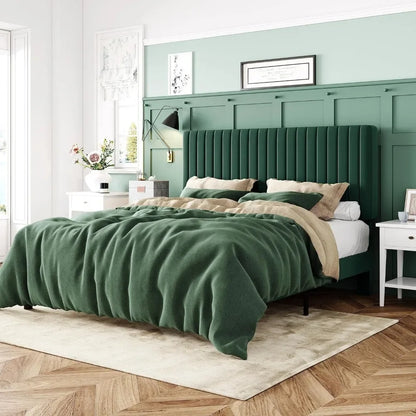 Velvet Upholstered Platform Bed with Adjustable Vertical Channel Tufted Headboard,Mattress Foundation with Strong Wooden Slats