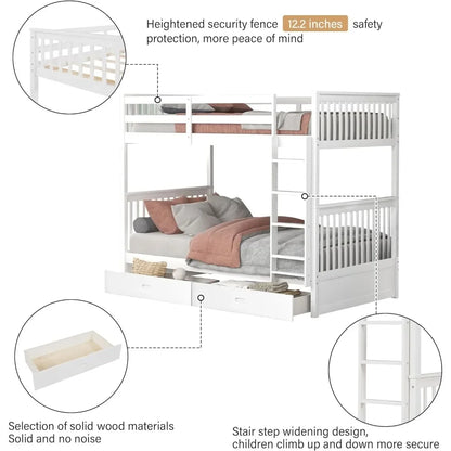 Wood Bunk Bed with Drawers,Convertible Wood Bunk Bed with Ladders and Two Storage Drawers,with Ladders,Twin Over Twin Size,White