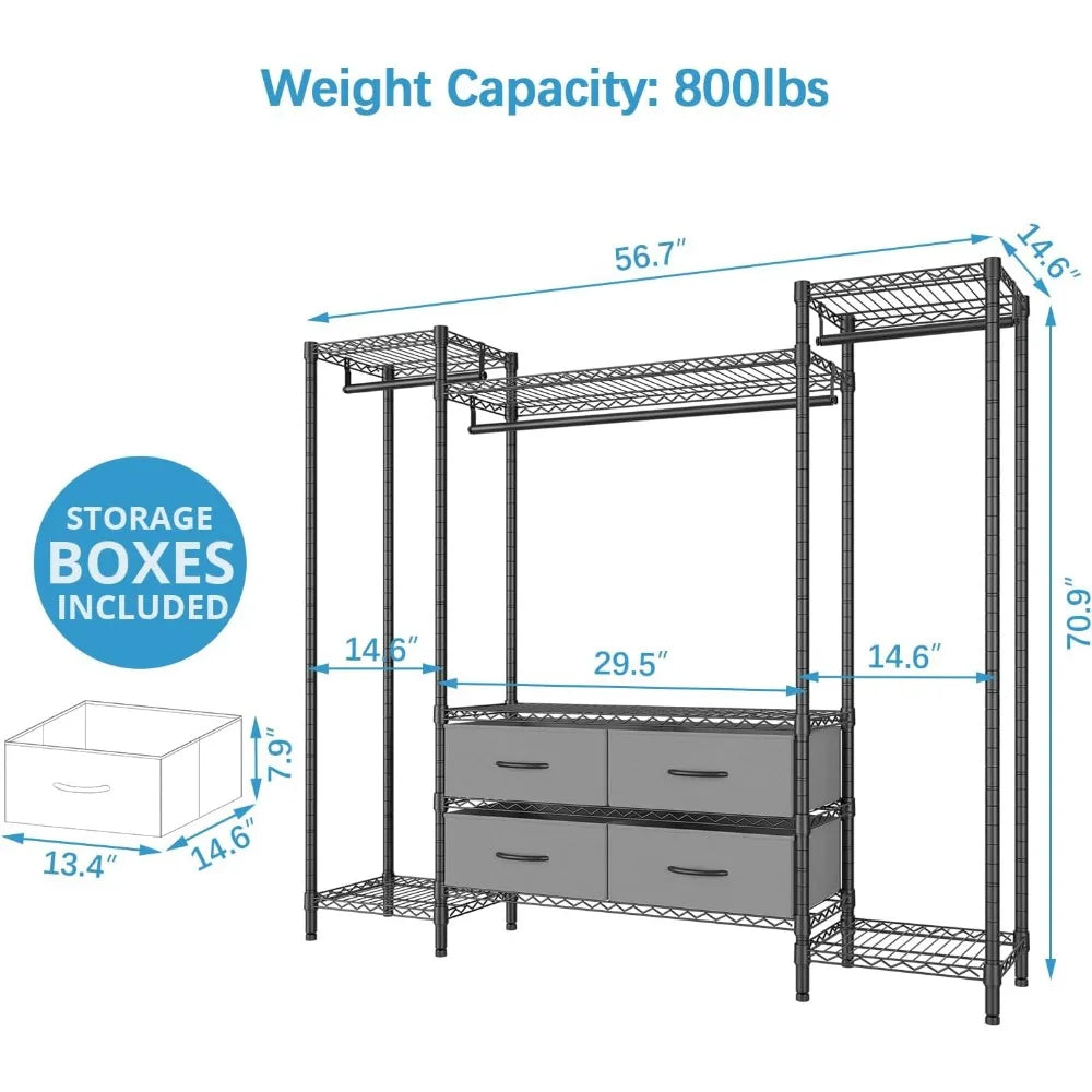 VIPEK V20 Wire Garment Rack Heavy Duty Clothes Rack, Metal Clothing Rack with 6 Shelves, 3 Hang Rods & 4 Fabric Drawers, Compact