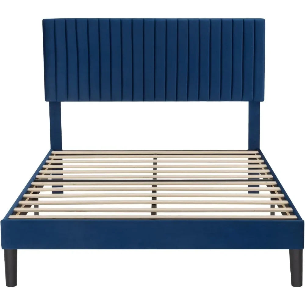 Velvet Upholstered Platform Bed with Adjustable Vertical Channel Tufted Headboard,Mattress Foundation with Strong Wooden Slats