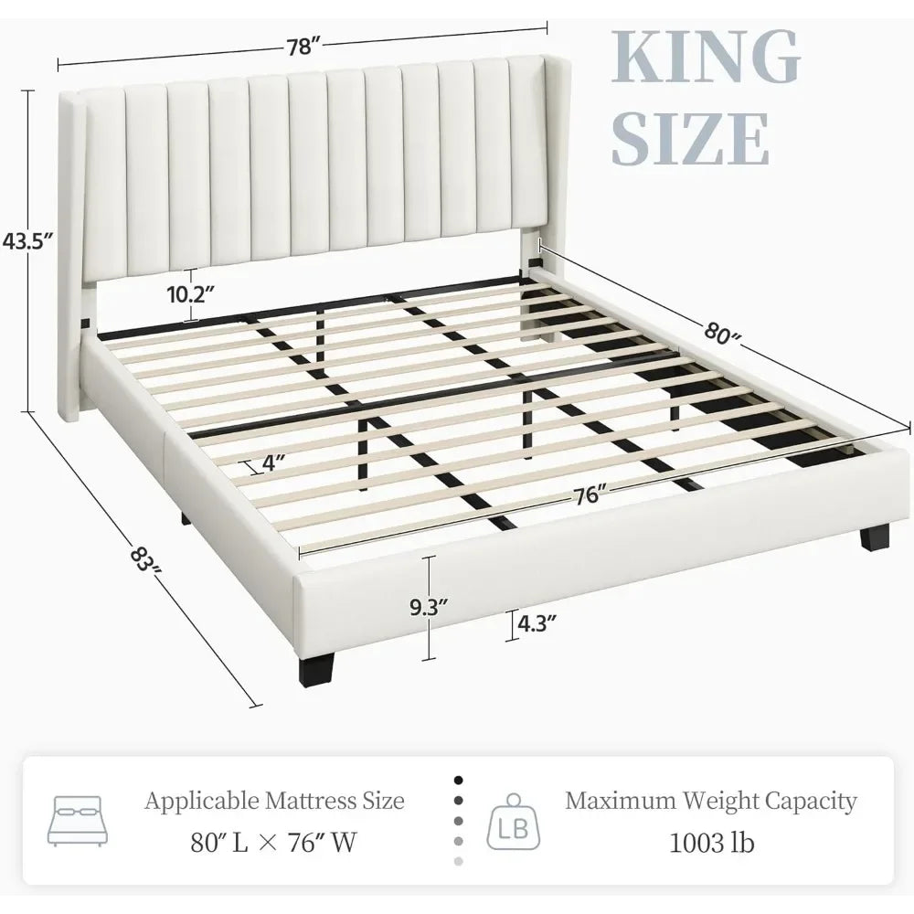 King Bed Frame Upholstered Platform Bed with Fabric Headboard, Wing Edge Design/Non-Slip and Noise-Free/Wooden Slats Support