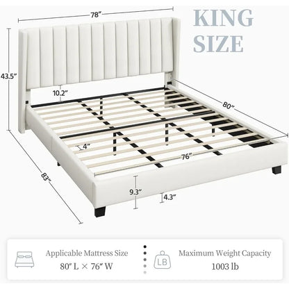 King Bed Frame Upholstered Platform Bed with Fabric Headboard, Wing Edge Design/Non-Slip and Noise-Free/Wooden Slats Support