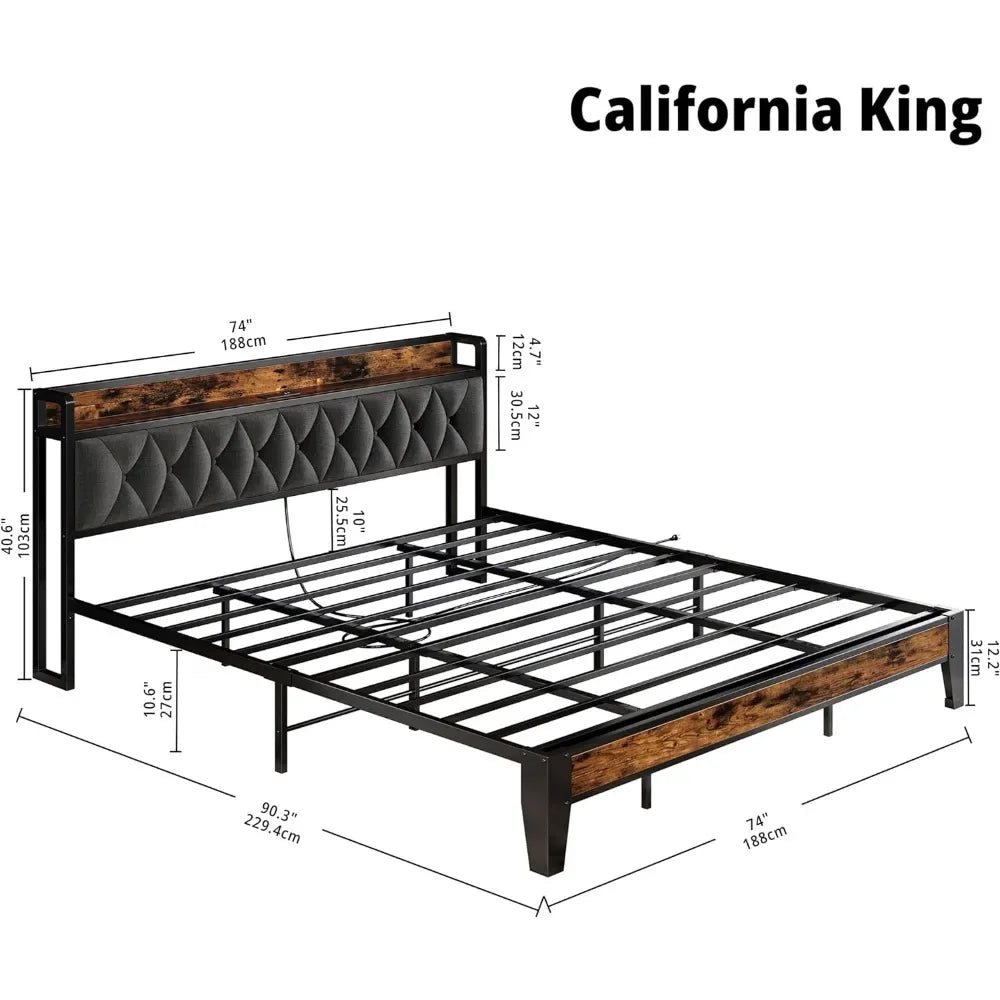 Bed Frames, Storage Headboard with Outlets, Easy to Install, Sturdy and Stable, No Noise,No Box Springs Needed86.6Lx40.7W x40.6H